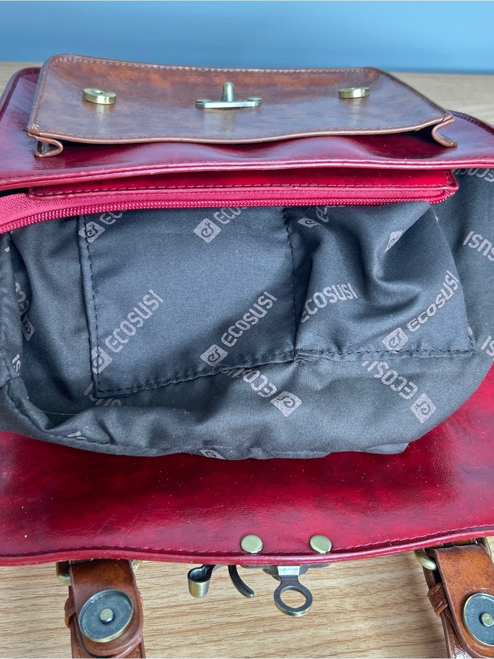 Red and Brown Purse Ecosusi Bag Faux Leather Rectangle Satchel with Buckles - Picture 6 of 16